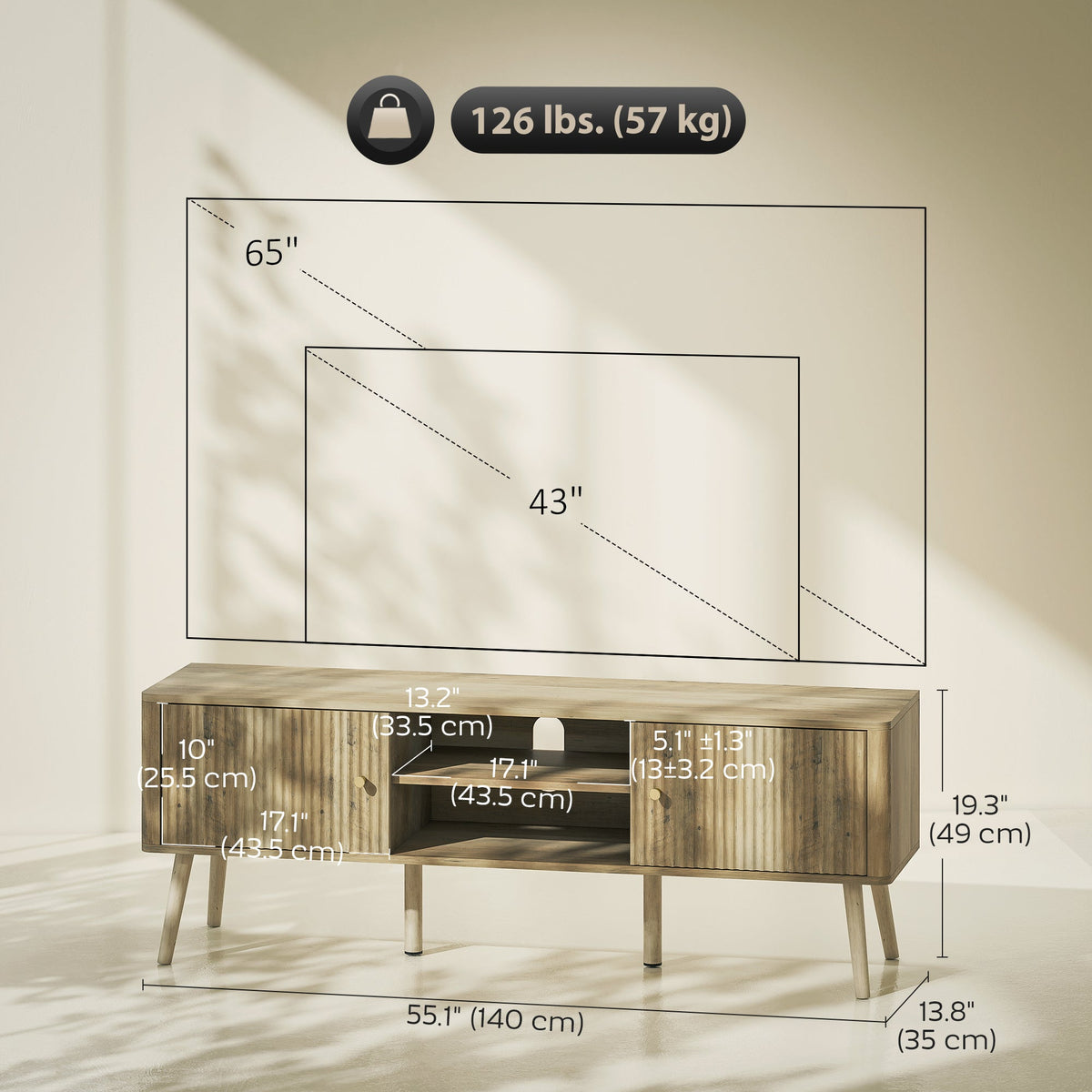 Birch TV Stand for Televisions up to 65" with Adjustable Shelves and Pine Wood Legs-Oak