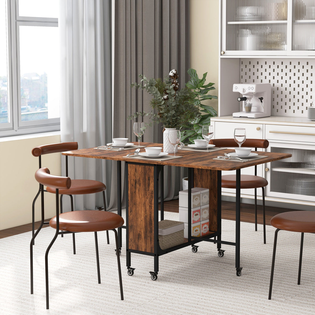 Folding Dining Table, Extendable Kitchen Table for Small Spaces with Storage Shelf and 6 Wheels, Distressed Grey