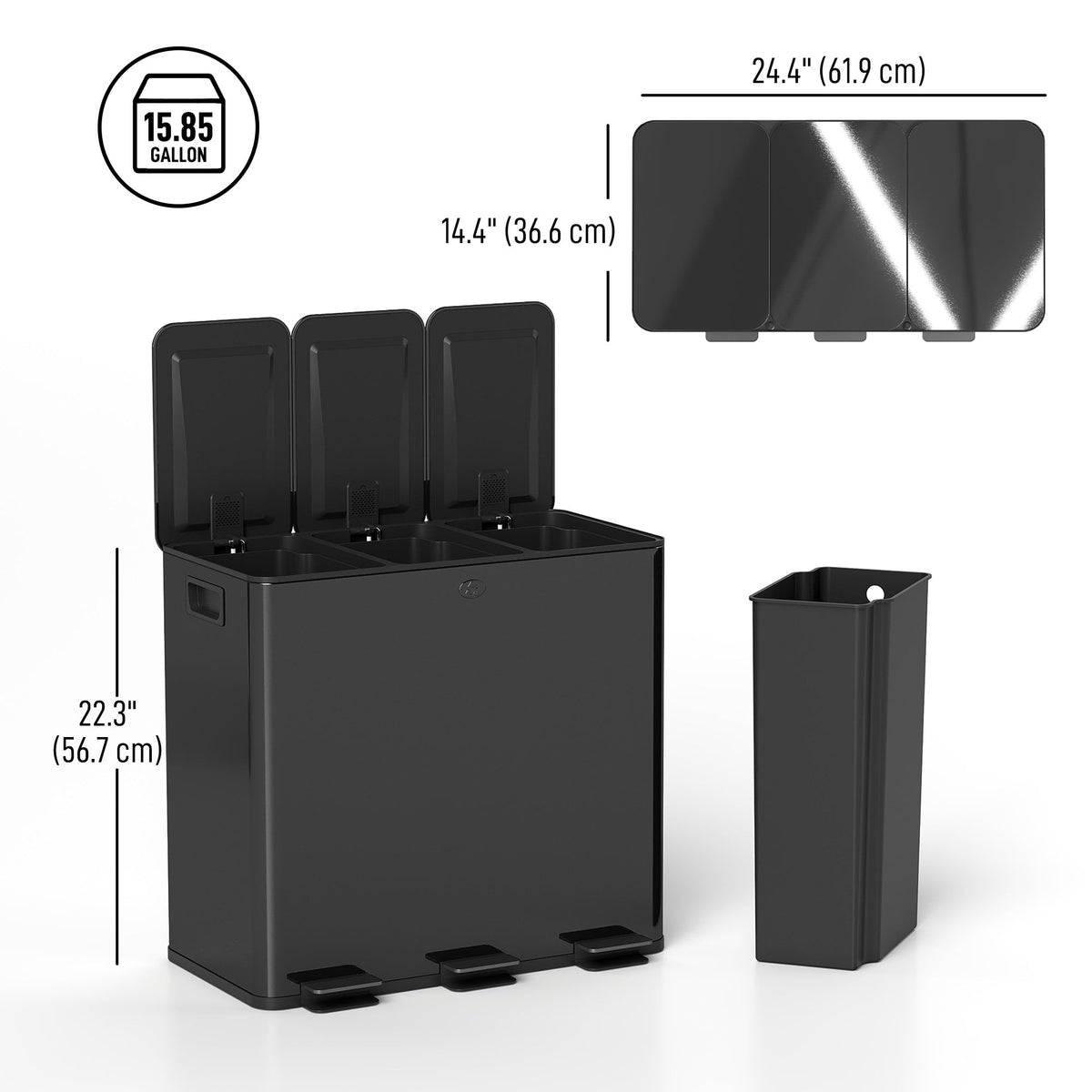 Garbage Bin, Soft-Close Trash Can with Foot Pedal, 3x5 Gallon (3x20 L) Garbage Can with Removable Inner Buckets, Black