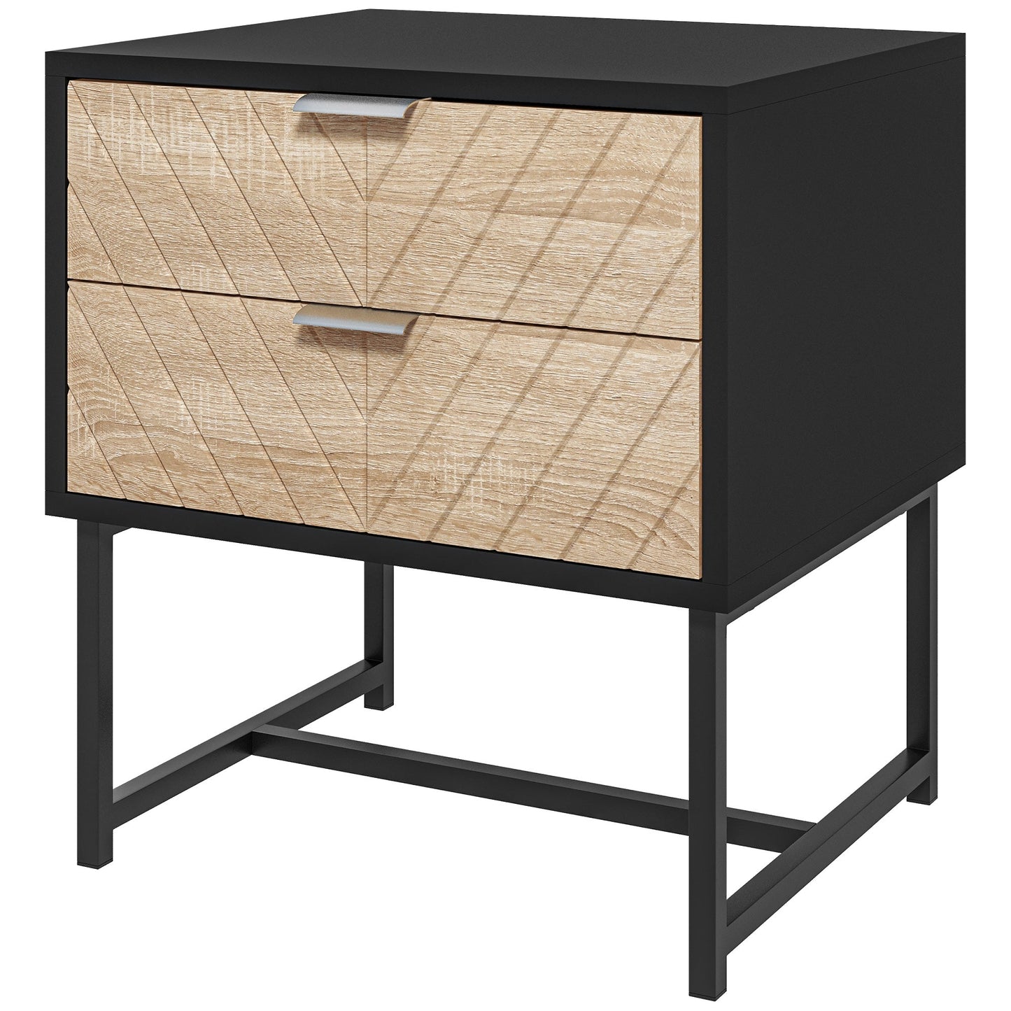 Emery Modern Bedside Table with 2 Drawers and Steel Legs-Black/Oak