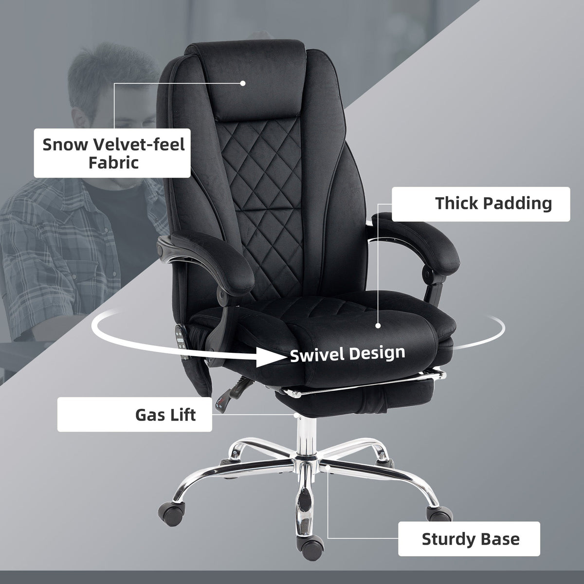 Massage Office Chair, Reclining Computer Chair with Adjustable Height and Footrest, Black