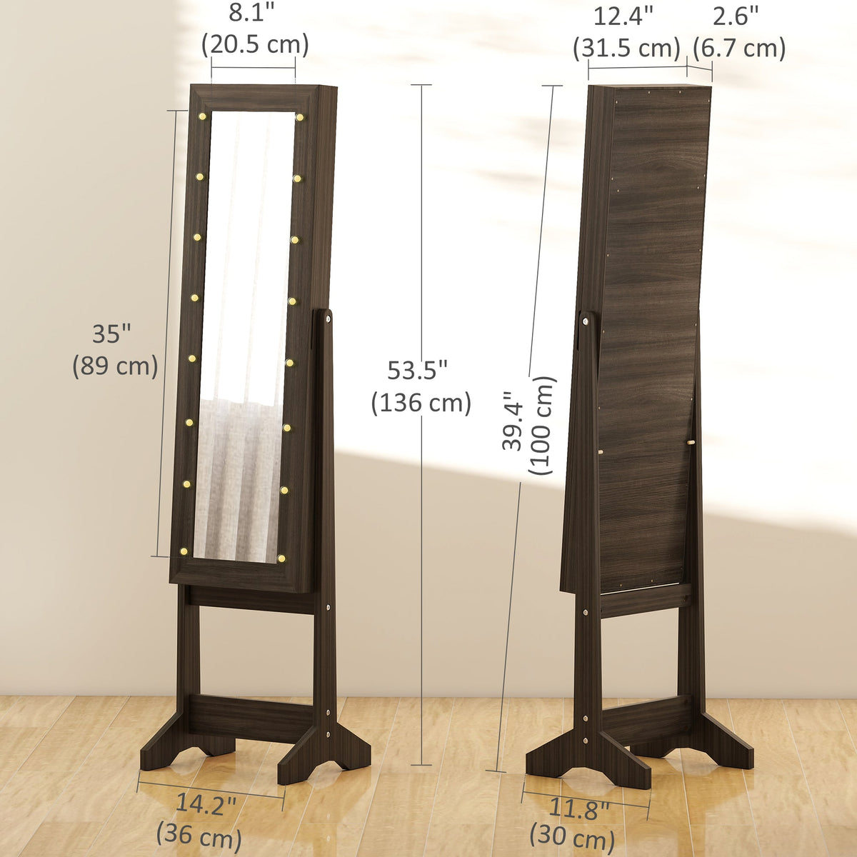 Free Standing Armoire Organizer, Lighted Mirrored Jewelry Cabinet w/ Angle Adjustable & 16 LED Lights Warm White