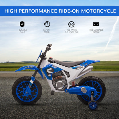Kids Dirt Bike 12V Battery-Powered Ride-On Electric Motorcycle with Charging Battery, Training Wheels Blue