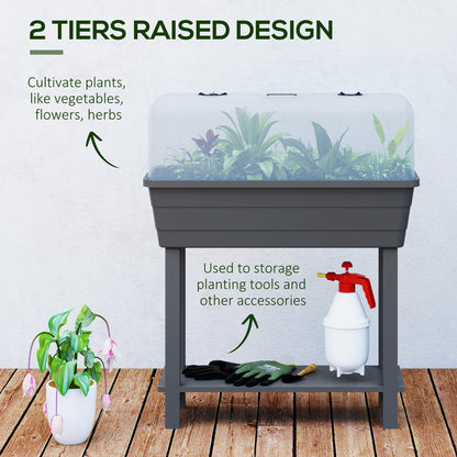 41L Self Watering Raised Garden Bed w/ Ventilation Transparent Lid Greenhouse, Planter Box w/ Storage Shelf, Black