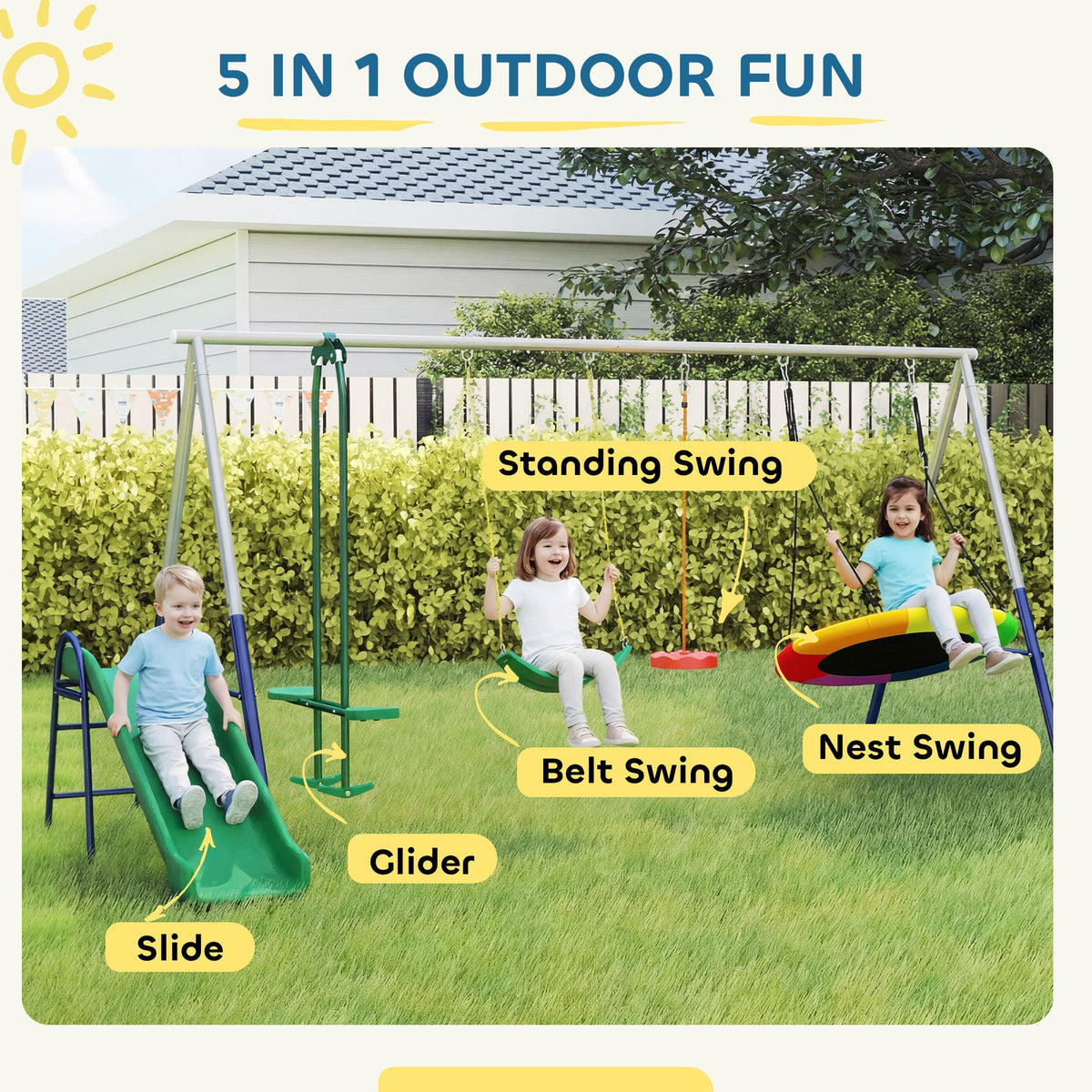 5-in-1 Kids Swing Set with Slide, Swings and Glider for Backyard, 770lbs Capacity, for Ages 3-8, Multicolour