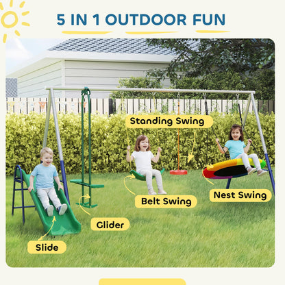 5-in-1 Kids Swing Set with Slide, Swings and Glider for Backyard, 770lbs Capacity, for Ages 3-8, Multicolour