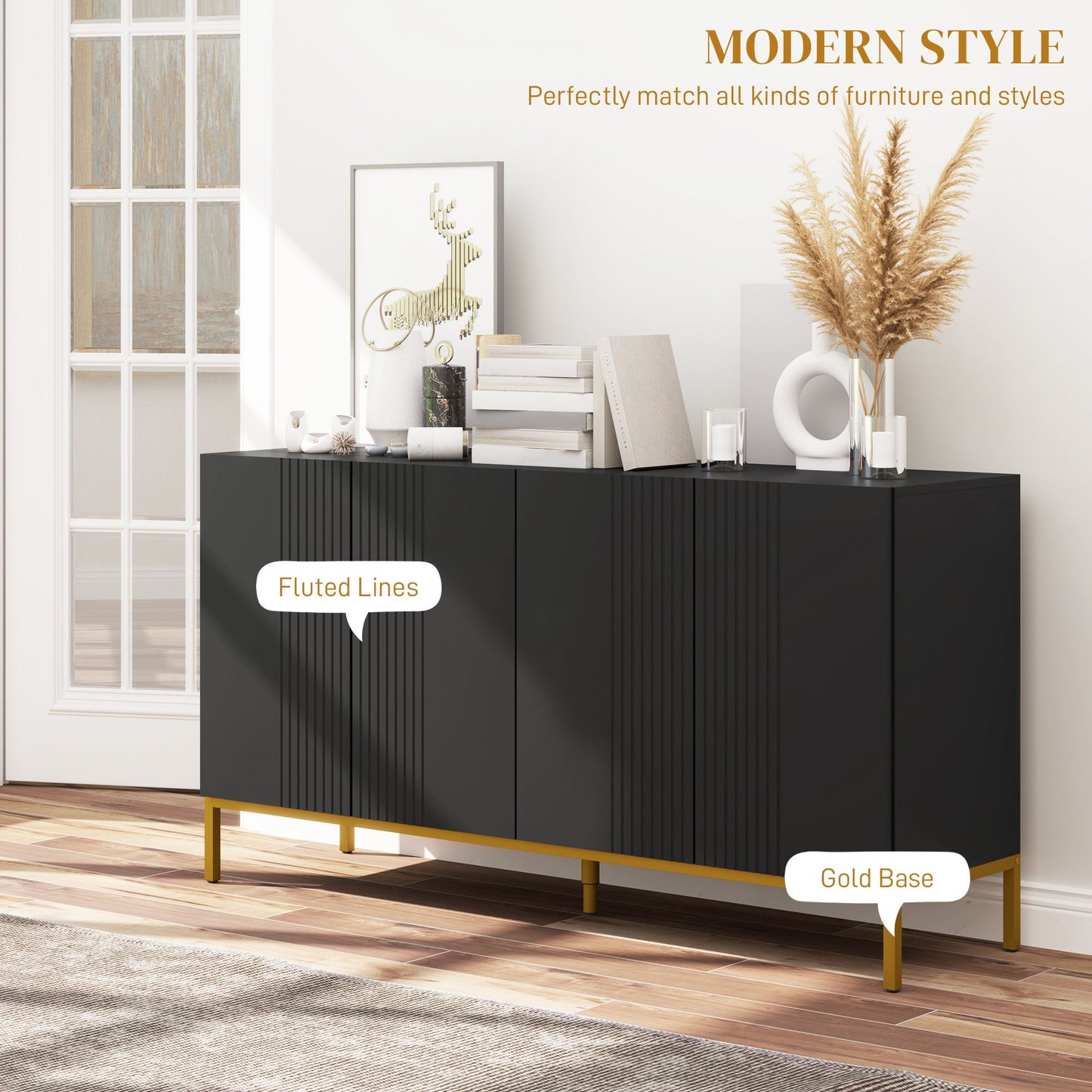 Brooklyn Sideboard/Kitchen Buffet Cabinet with Adjustable Shelves-Black