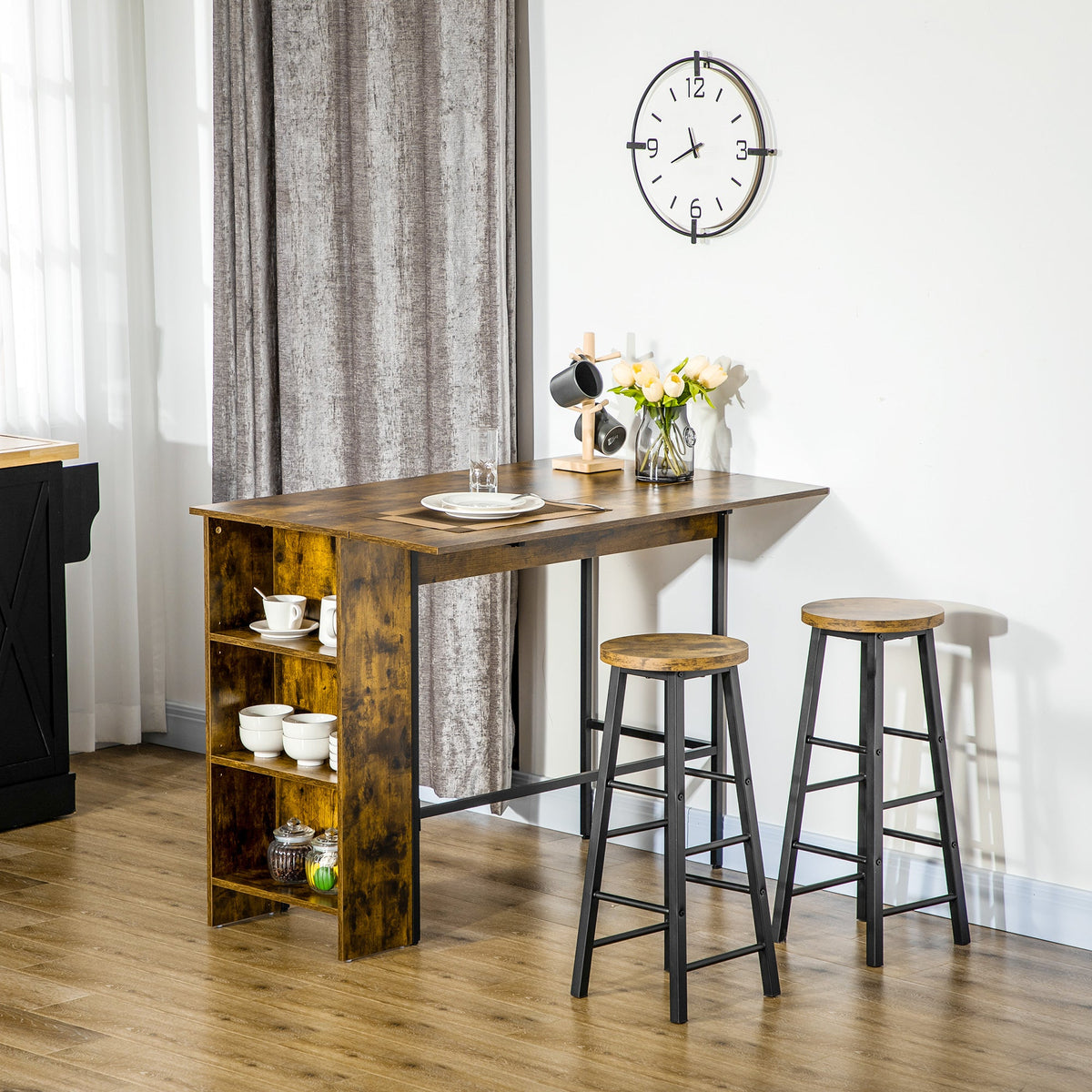 Counter Height Table with Drop Leaf, Extendable Bar Table with Adjustable Storage Shelf, Light Grey