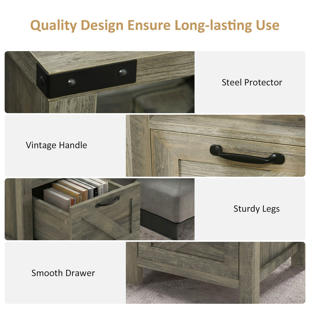 Side Table with Storage, Farmhouse End Table with Drawer, Open Shelf and Barn-style Panel, Nightstand for Living Room, Bedroom, Oak