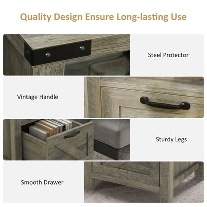 Side Table with Storage, Farmhouse End Table with Drawer, Open Shelf and Barn-style Panel, Nightstand for Living Room, Bedroom, Oak