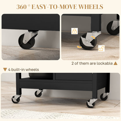 Modern Rolling Kitchen Island Cart with Drawer, Natural Wood Top, Towel Rack, Door Storage Cabinet, Black