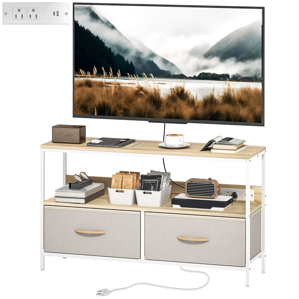 TV Stand with Charging Station, TV Table with 2 Foldable Linen Drawers and Open Shelf for 47 Inch Television, Black