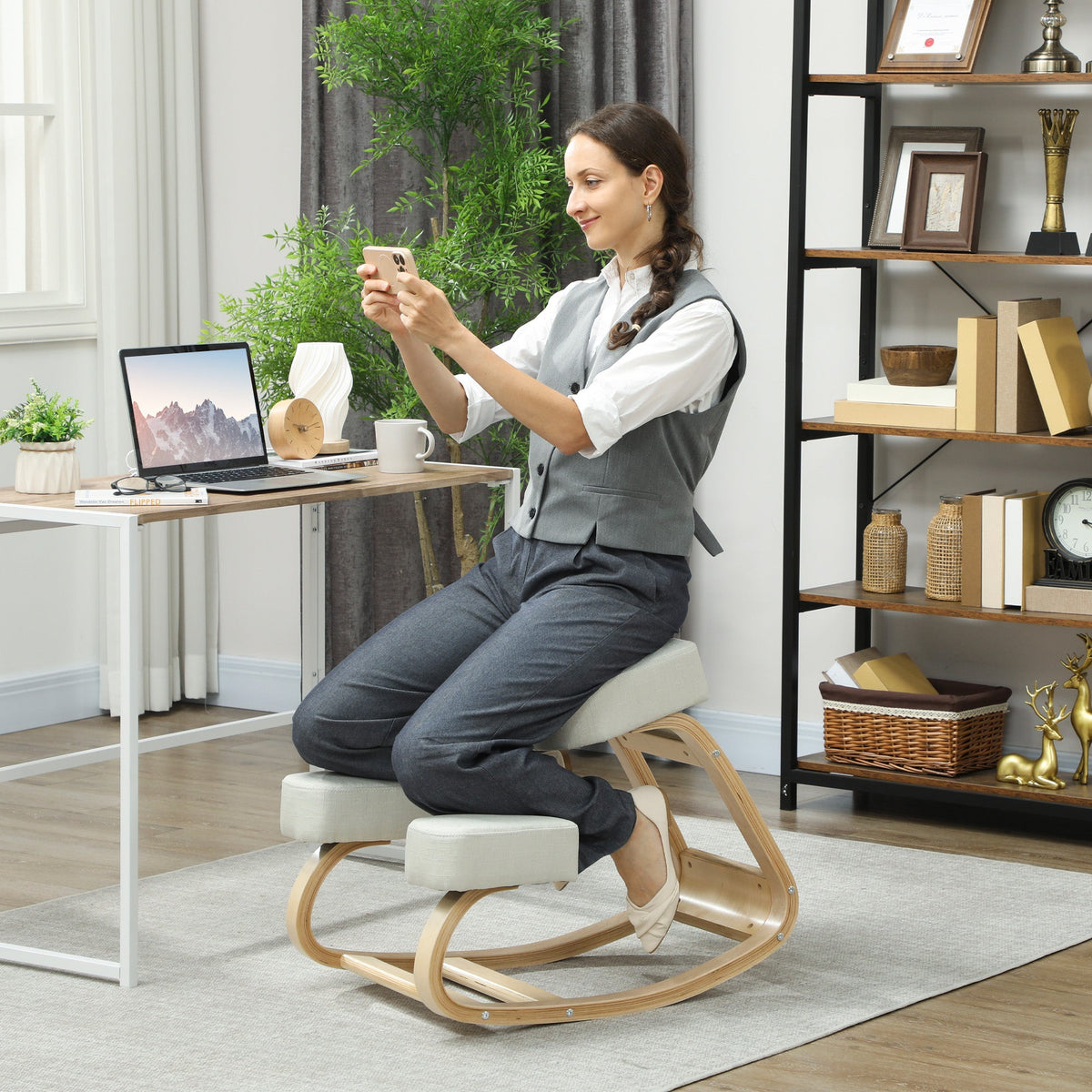 Ergonomic Kneeling Chair, Wood Kneel Stool with Thick Pads, Desk Knee Chair, Improve Posture, Black