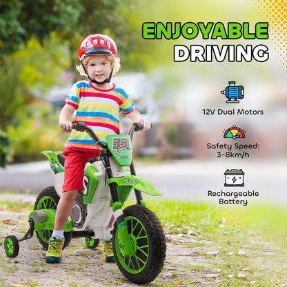 Kids Dirt Bike 12V Battery-Powered Ride-On Electric Motorcycle with Charging Battery, Training Wheels Blue