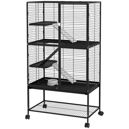 Rolling Small Animal Cage 34"H Chinchilla Cage for Ferrets, Squirrels w/ Removable Tray, Storage Shelf, Black