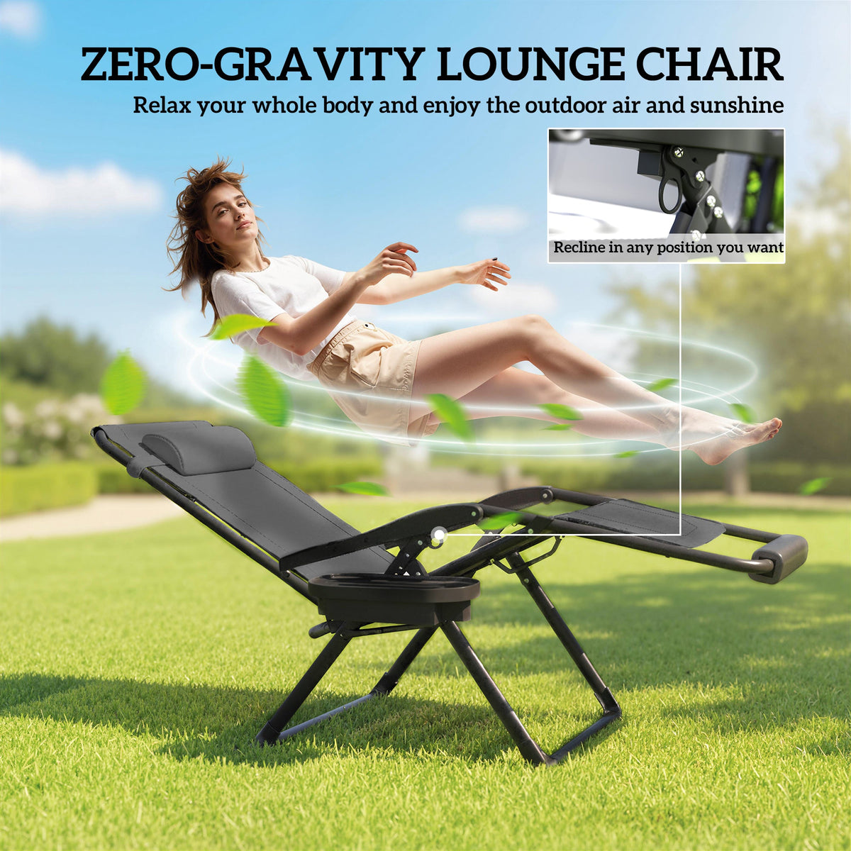 Zero Gravity Chair, Reclining Outdoor Lounger Chair with Cup Holder, 400 LBS Capacity, Black
