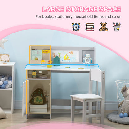 2Pcs Kids Desk and Chair Set with Whiteboard, Storage, Shelves, Grey