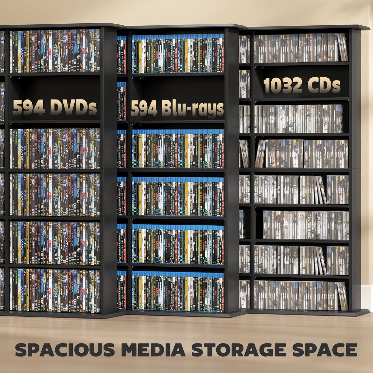 Media Storage Cabinet, 8-Tier DVD Shelf with 18 Adjustable Shelves, Holds 1032 CDs, 594 DVDs or Blu-rays, Black