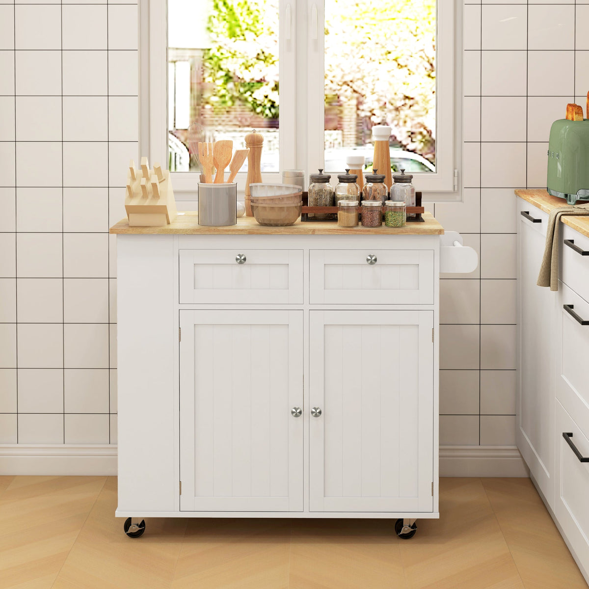 Kitchen Island with Power Outlet and Drop Leaf, Rolling Kitchen Cart with 2 Drawers and Adjustable Shelves, Black