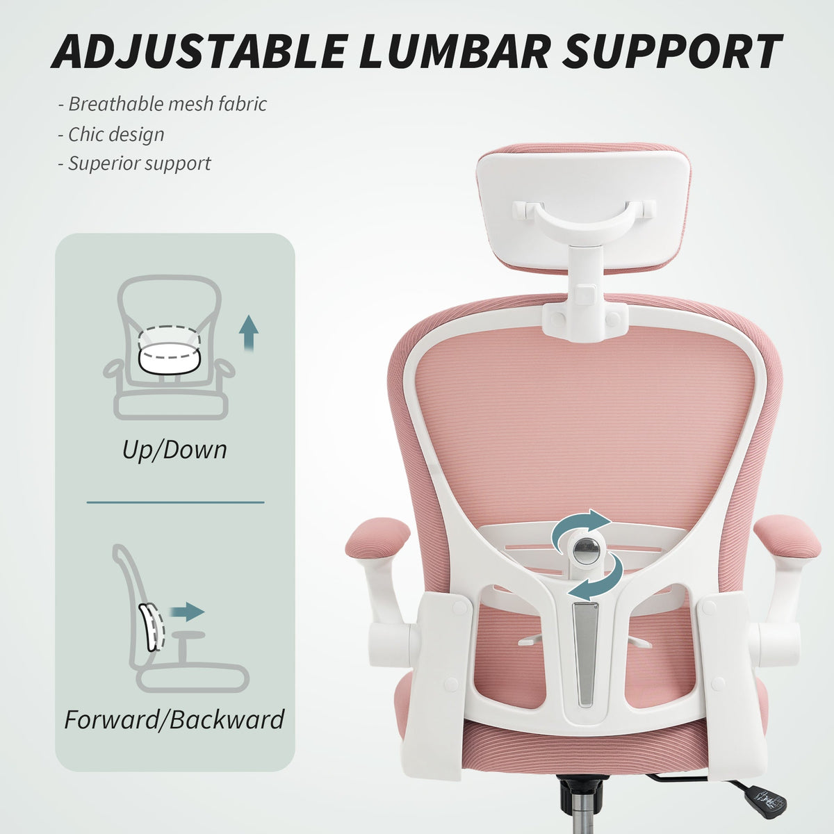 Office Chair, Mesh Computer Desk Chair with Adjustable Headrest, 4D Lumbar Support, Flip-up Arm, Grey