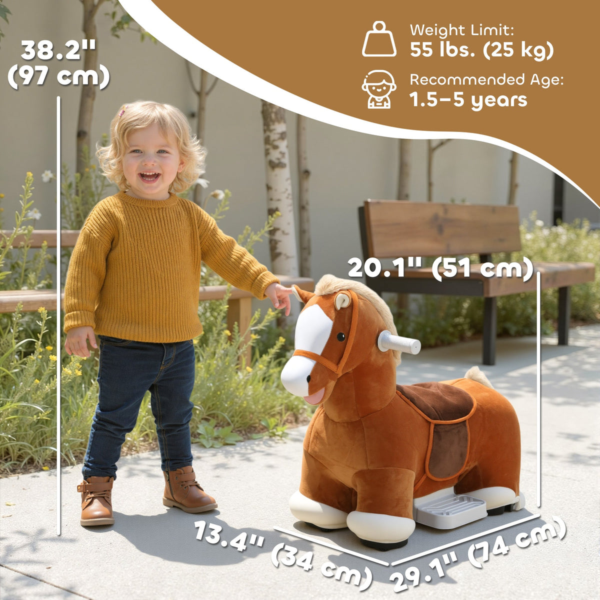 Electric Ride on Horse, Battery Powered Ride on Toy with Washable Cover and Quiet Wheels, Brown