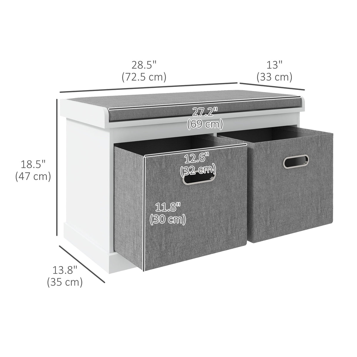 Shoe Storage Bench with Seat, Entryway Bench Seat with Cushion, 2 Fabric Drawers for Hallway, White