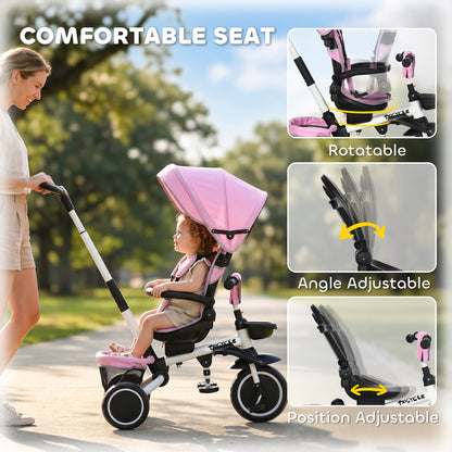 Tricycle for Toddler 6-in-1 Kids Trike, Foldable Converts Stroller to Baby Push Bike, Adjustable Backrest with Detachable Guardrail & Handle, Brake for 1-4 Years Old, Grey