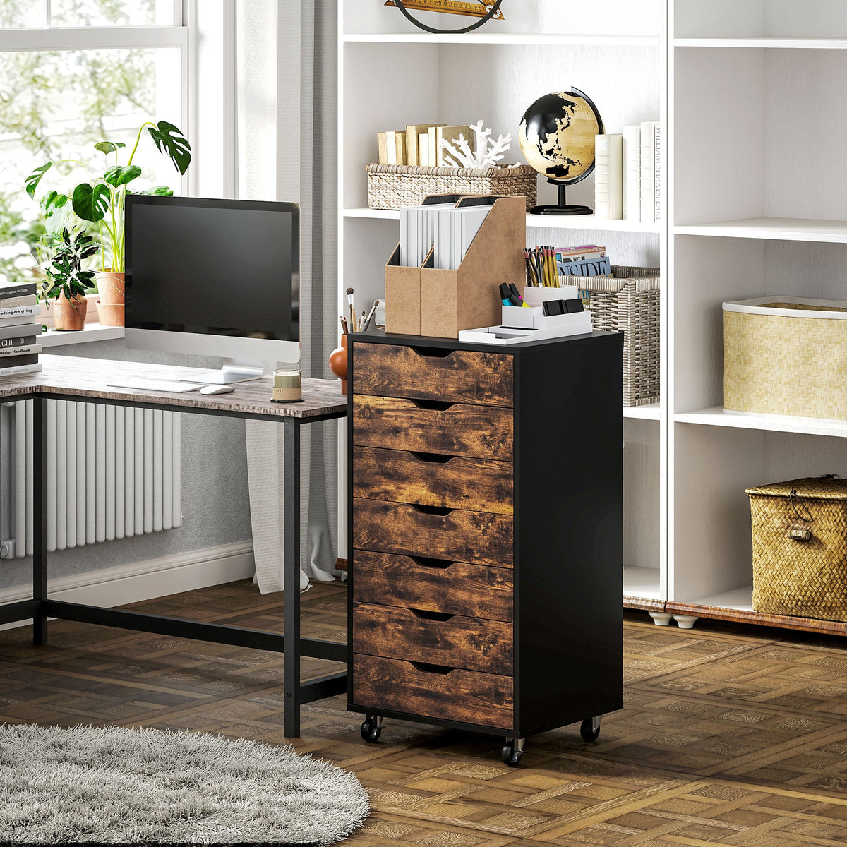 7-drawer Vertical File Cabinet for Home Office, Storage Cabinet with Wheels, 18.7"x15.6"x35.4", Black