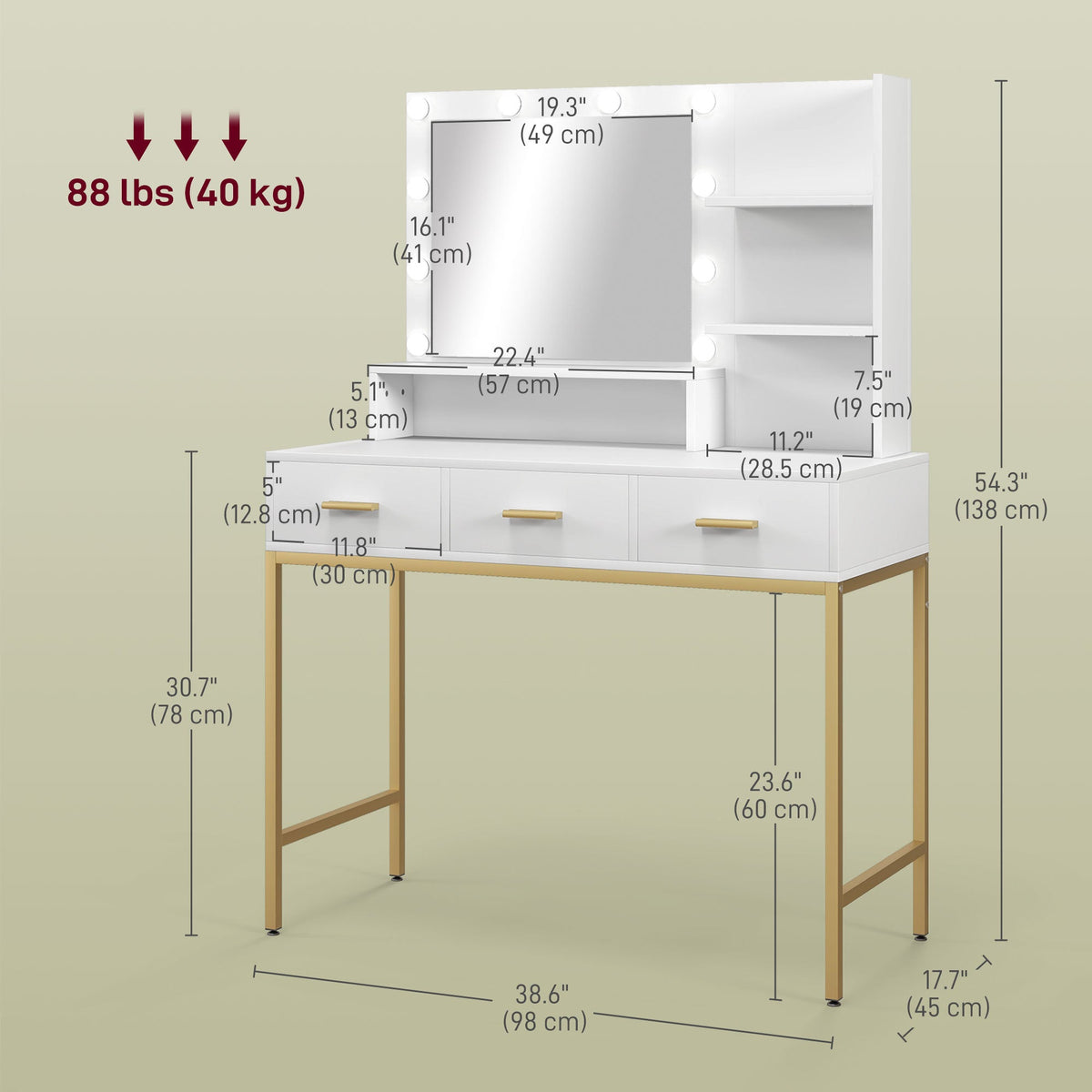 Sophia Illuminated Makeup Table with LED Lights and 3 Drawers-White
