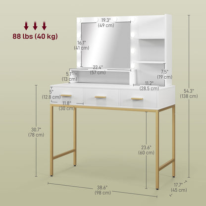 Sophia Illuminated Makeup Table with LED Lights and 3 Drawers-White