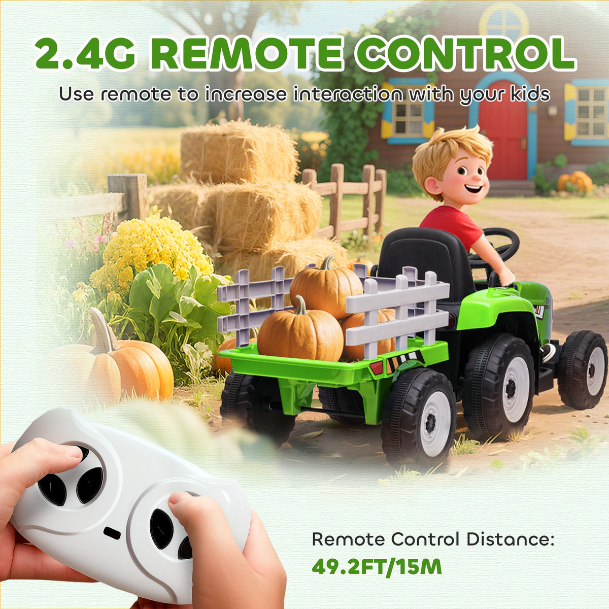 12V Kids Ride on Tractor with Trailer, Battery Powered Electric Kids Car with Remote Control, Music Start up Sound and Horn, USB, LED Lights, Green