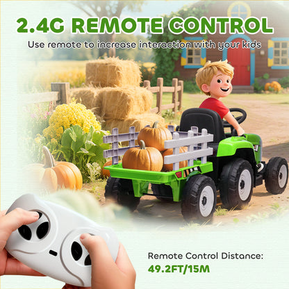 12V Kids Ride on Tractor with Trailer, Battery Powered Electric Kids Car with Remote Control, Music Start up Sound and Horn, USB, LED Lights, Green