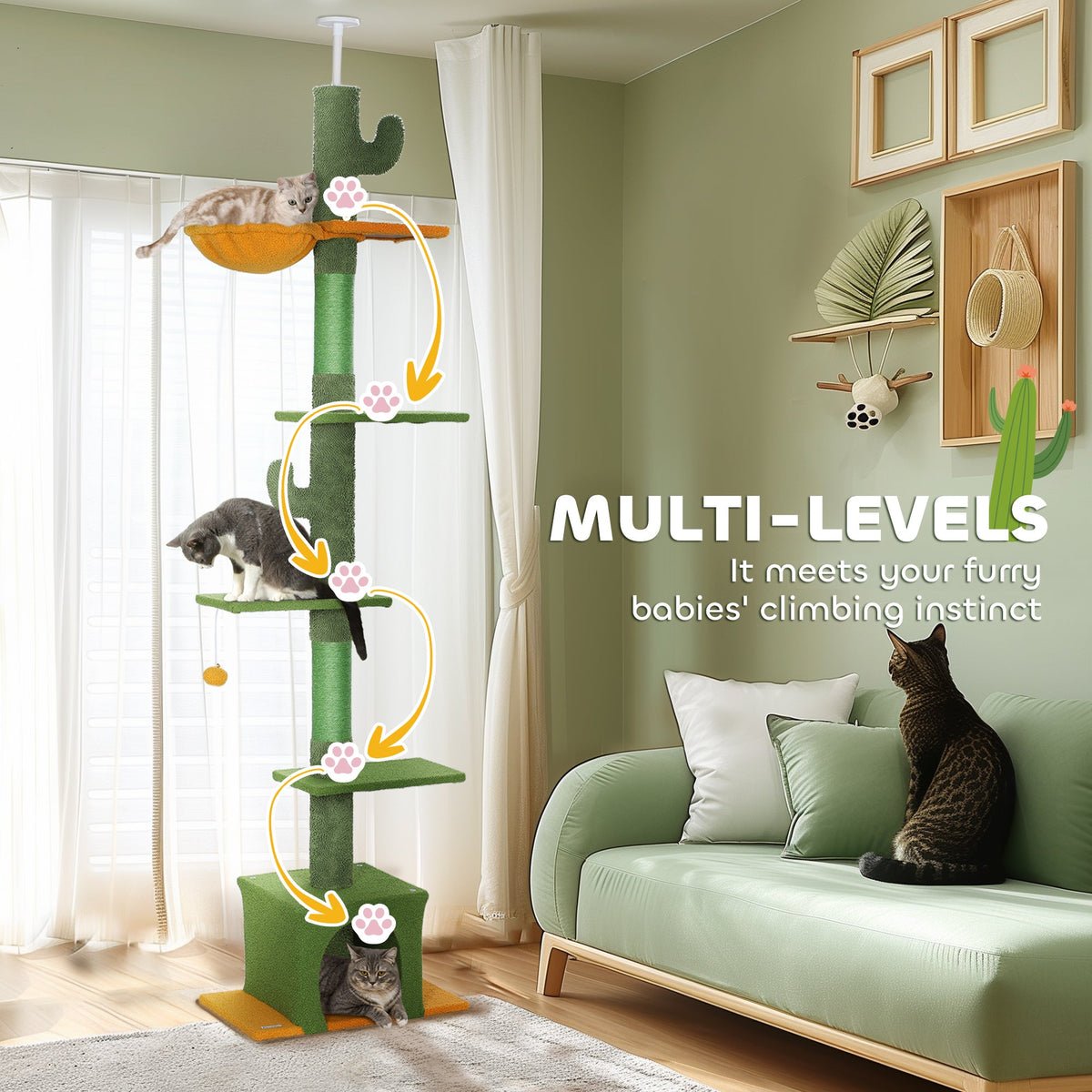Floor to Ceiling Cat TreeTower with 90.5"-108" Adjustable Height, Scratching Posts, Hammock, Condo, Toy Ball, Dark Grey