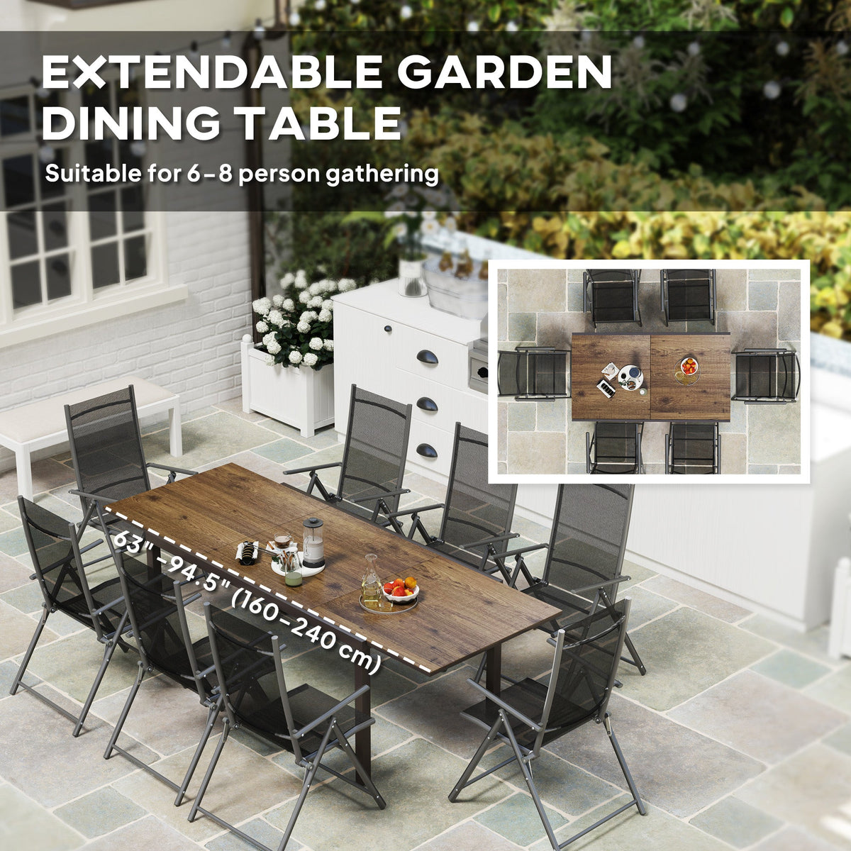 63"-94.5" Extendable Patio Dining Table for 6-8 Person, Outdoor Dining Table with Aluminium Edging, Steel Frame, Brown