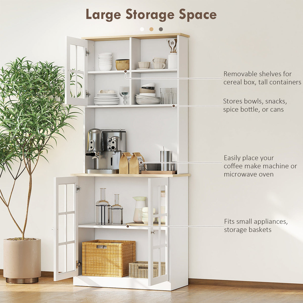 Kitchen Buffet with Hutch, Storage Pantry with 3 Cabinets, 2 Open Shelves and Large Countertop, Black