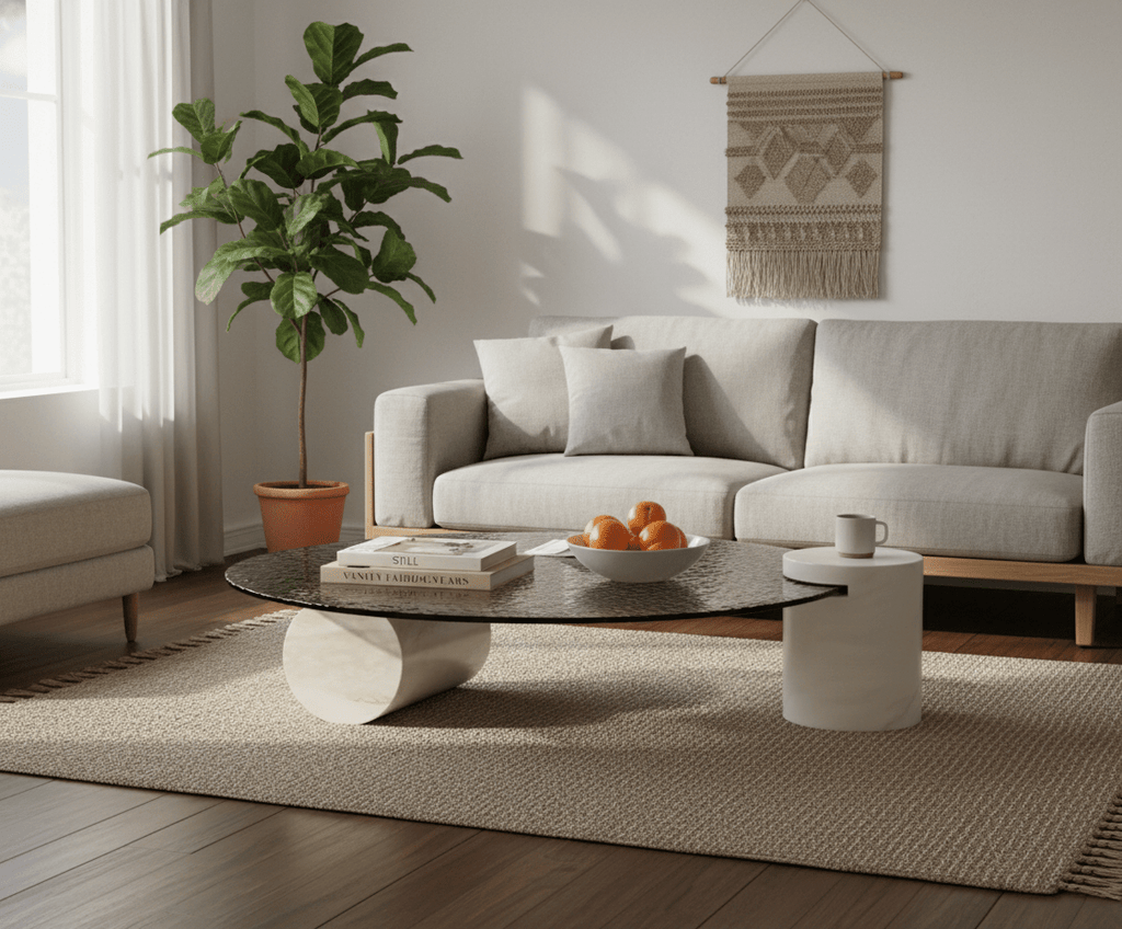 Water Ripple Glass Coffee Table with Stone Base