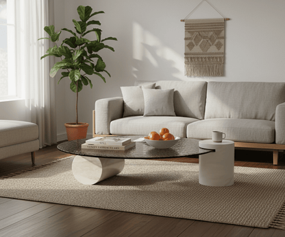 Water Ripple Glass Coffee Table with Stone Base