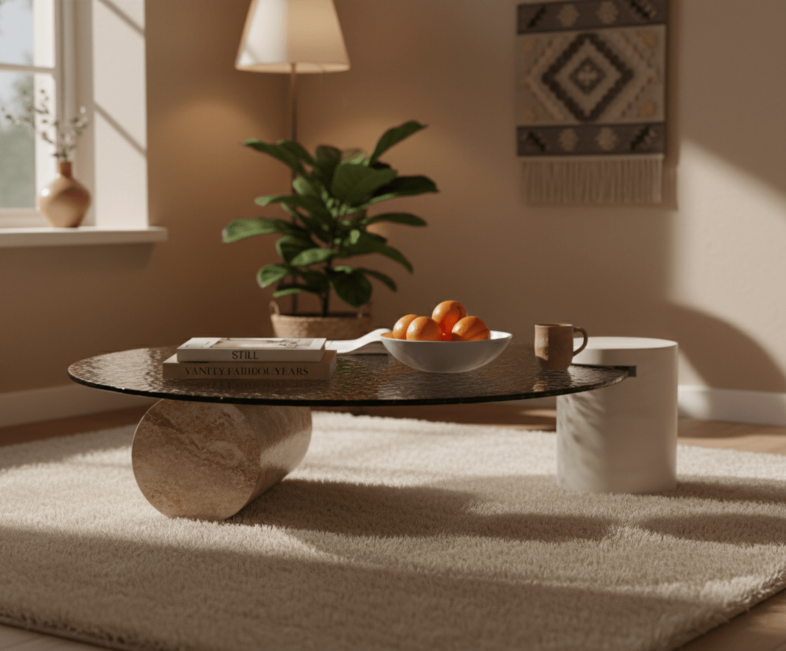 Water Ripple Glass Coffee Table with Stone Base