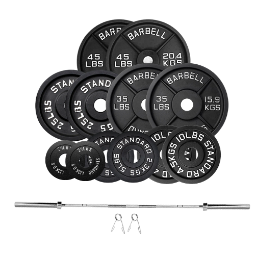 Squat Rack, Bench, Barbell & Weight Plates Stack