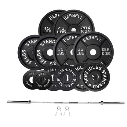 Squat Rack, Bench, Barbell & Weight Plates Stack