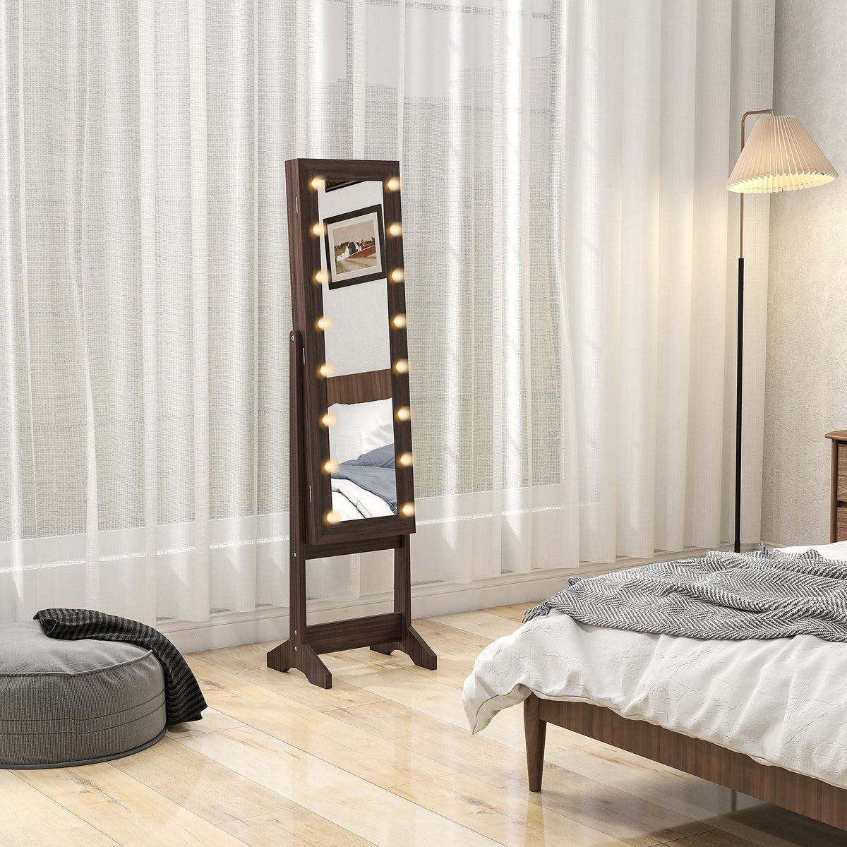 Free Standing Armoire Organizer, Lighted Mirrored Jewelry Cabinet w/ Angle Adjustable & 16 LED Lights Warm White