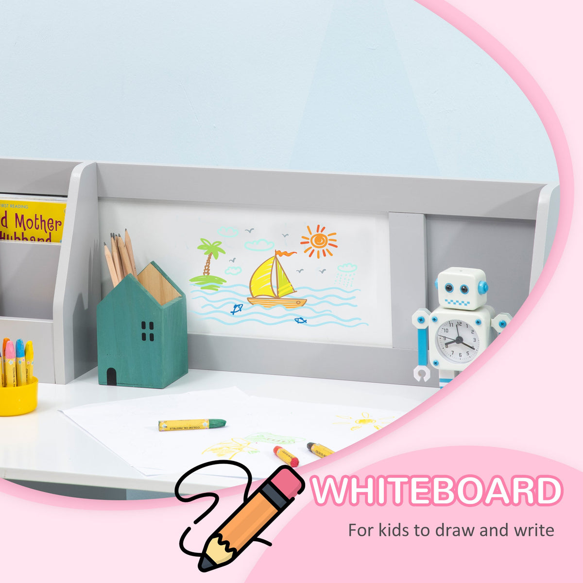 2Pcs Kids Desk and Chair Set with Whiteboard, Storage, Shelves, Grey
