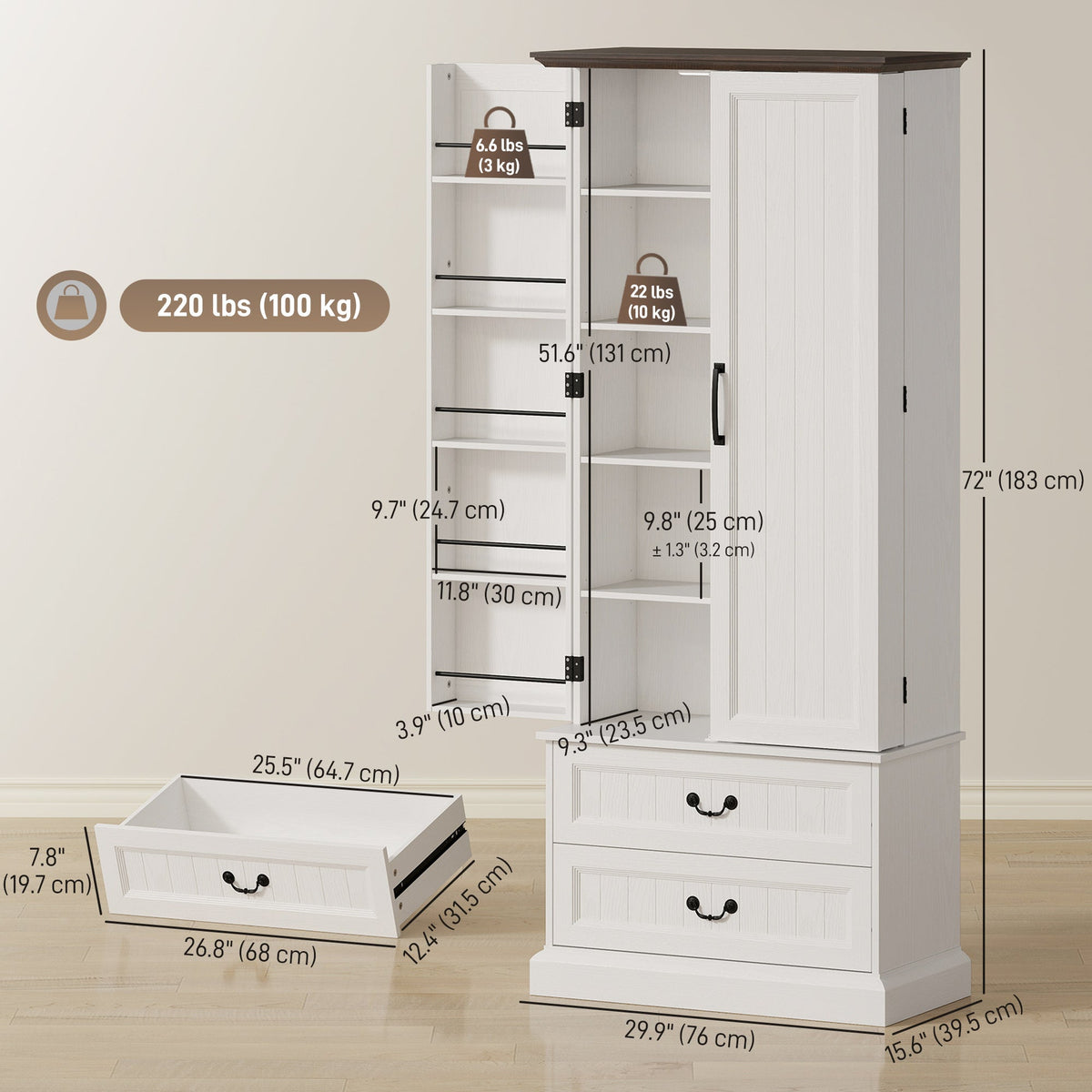 72" LED Kitchen Pantry Cabinet, Buffet Storage Cabinet with 10 Door Shelves, 2 Drawers and Adjustable Shelves, Black