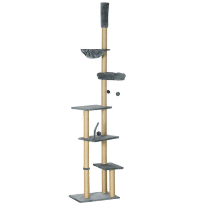 Floor to Ceiling Cat Tree, 90.5" - 98.5" Cat Tower with Scratching Post, Dangling Balls, Platforms, Bed, Hammock, Grey
