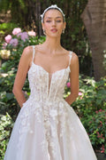Floral lace appliqué over layered tulle