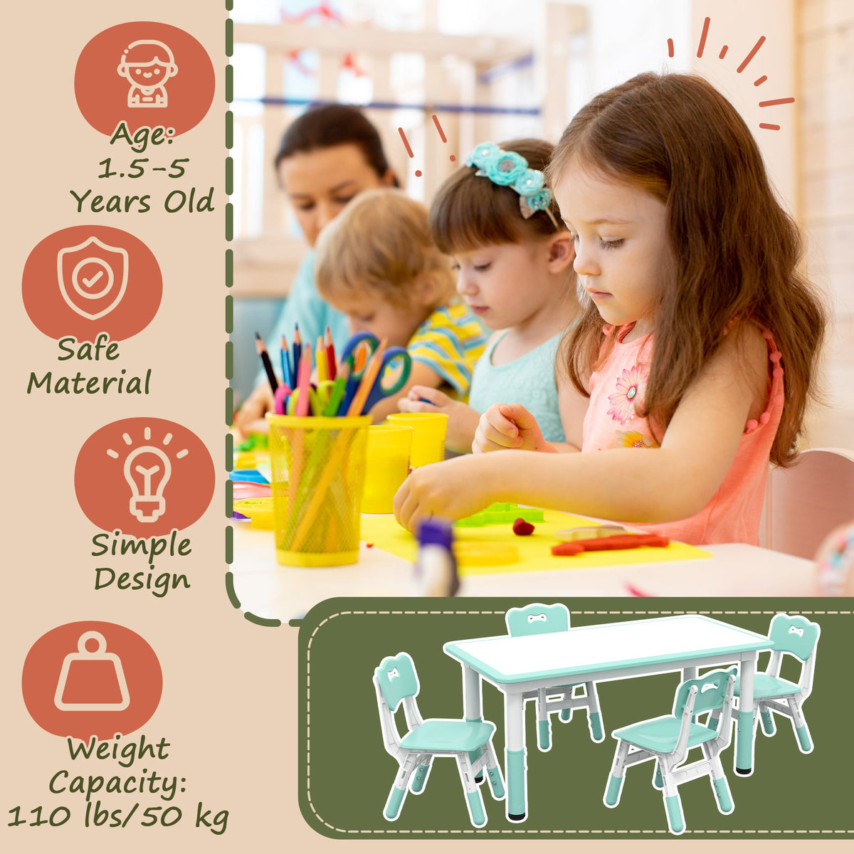 Kids Table and Chair Set with 4 Chairs, Adjustable Height, Easy to Clean, for 1.5 - 8 Years Old, Green