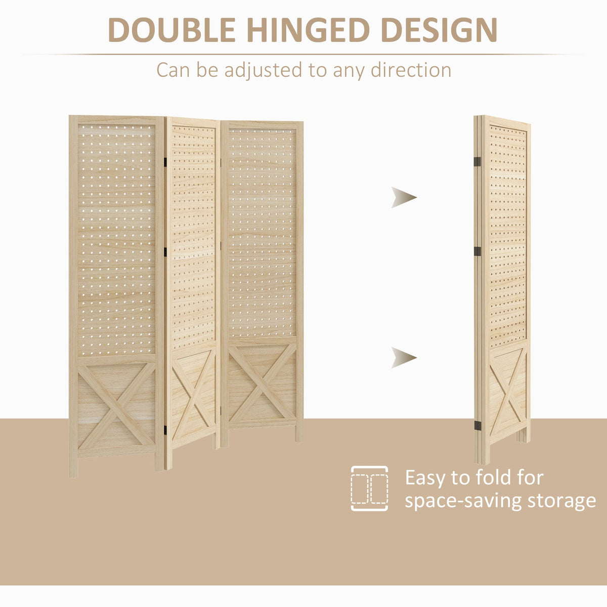 4.7' 3 Panel Wooden Room Divider with Pegboard Display, Folding Privacy Screen for Home Office, Natural