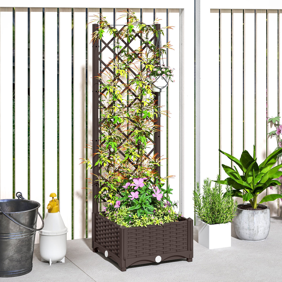 Raised Garden Bed with Trellis, Plastic Raised Flower Bed with Drainage Holes and Drain Plugs, 16" x 16" x 48"