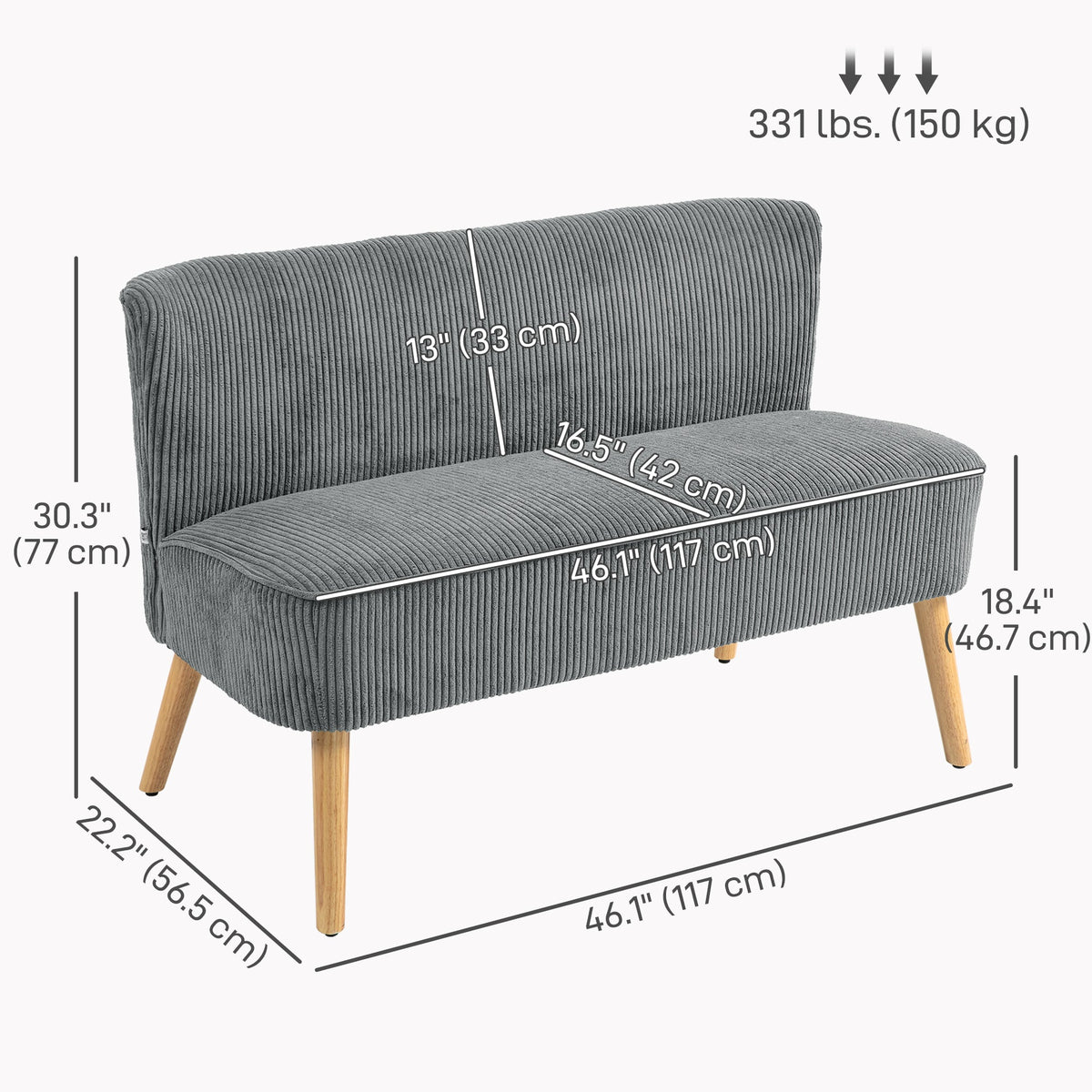 Modern 2 Seater Sofa, Upholstered Two Seater Couch with Rubber Wood Legs, Cream White