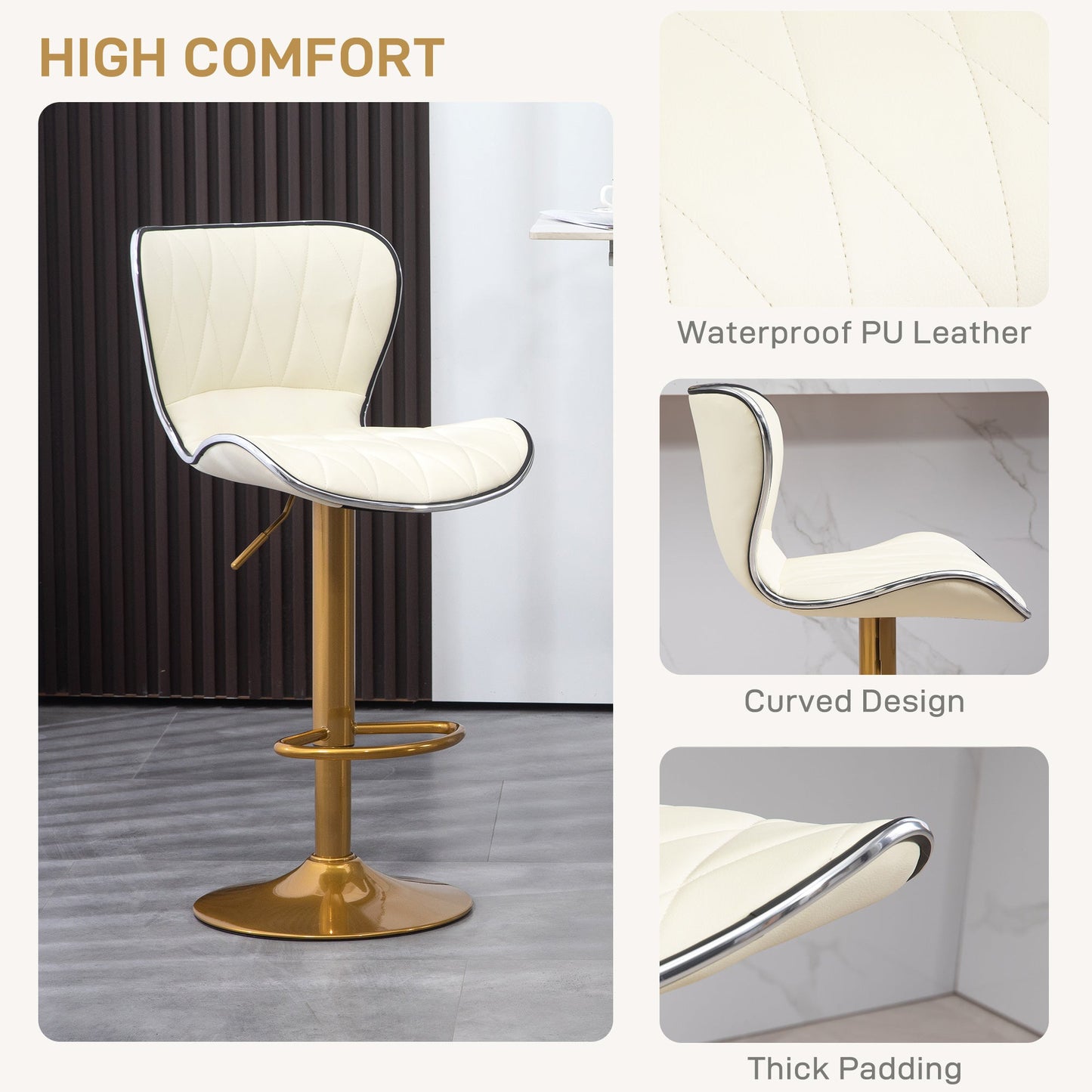 Maxi Counter Height Bar Stools Set of 2-Adjustable Height and Swivel Seat-White/Gold
